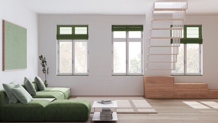 Scandinavian nordic wooden living room in white and green tones. Velvet sofa with pillows and carpet, Minimalist staircase. Modern interior design