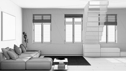 Blueprint unfinished project draft, scandinavian nordic wooden living room. Velvet sofa with...