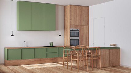 Minimalist nordic wooden kitchen and dining room in white and green tones. Cabinets, appliances and...