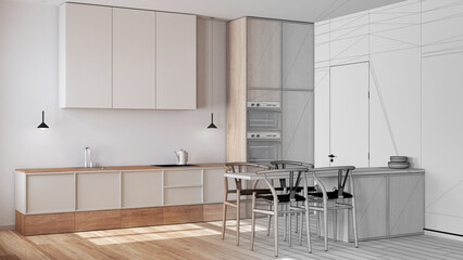 Architect interior designer concept: hand-drawn draft unfinished project that becomes real, minimalist nordic wooden kitchen and dining room. Scandinavian style