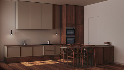 Dark late evening scene, minimalist nordic wooden kitchen and dining room. Cabinets, appliances and island with chairs. Scandinavian interior design
