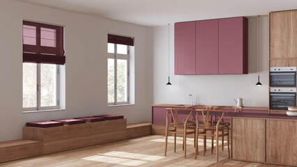 Scandinavian nordic wooden kitchen and dining room in white and red tones. Cabinets, sitting bench and island with chairs. Japandi interior design