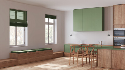 Scandinavian nordic wooden kitchen and dining room in white and green tones. Cabinets, sitting bench and island with chairs. Japandi interior design