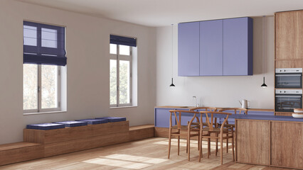 Scandinavian nordic wooden kitchen and dining room in white and purple tones. Cabinets, sitting bench and island with chairs. Japandi interior design
