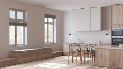 Scandinavian nordic bleached wooden kitchen and dining room in white and beige tones. Cabinets, sitting bench and island with chairs. Japandi interior design