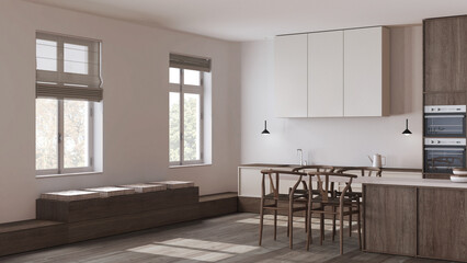 Scandinavian nordic dark wooden kitchen and dining room in white and beige tones. Cabinets, sitting bench and island with chairs. Japandi interior design