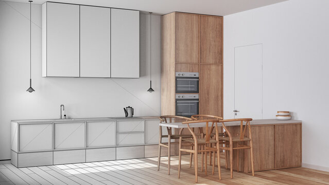 Architect interior designer concept: hand-drawn draft unfinished project that becomes real, minimalist nordic wooden kitchen and dining room. Scandinavian style