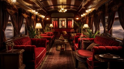 Fototapeta na wymiar Train Carriage , An opulent train carriage reminiscent of the Orient Express, complete with velvet seats and polished wood
