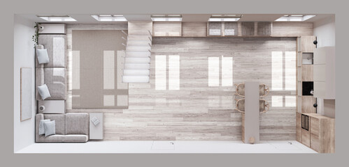 Scandinavian bleached wooden kitchen, dining and living room in white and beige tones. Sofa, minimal staircase and dining island. Top view, plan, above, Japandi interior design