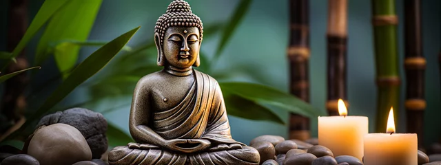 Fototapeten Defocused Buddha statue with bamboo and candle on the stone background.  © Slava