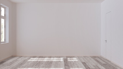 Empty room interior design, open space with bleached parquet floor, window and white walls, modern architecture concept idea