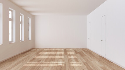 Obraz premium Empty room interior design, open space with parquet floor, window and white walls, modern architecture concept idea