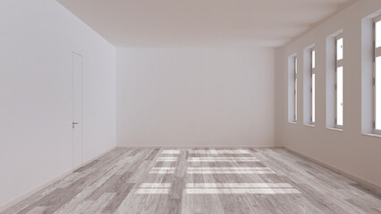 Empty room interior design, open space with bleached parquet floor, window and white walls, modern...