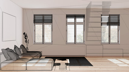 Empty white interior with parquet floor and window, custom architecture design project, black ink sketch, blueprint showing living room with sofa and staircase