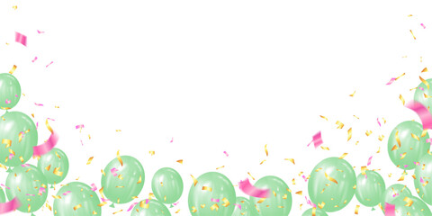 green balloon, gold and pink confetti background vector illustration. sale banner or frame greeting card