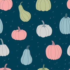 Seamless pattern with pumpkins. Autumn background. Hand drawn vector illustration. Texture for print, textile, fabric, packaging.