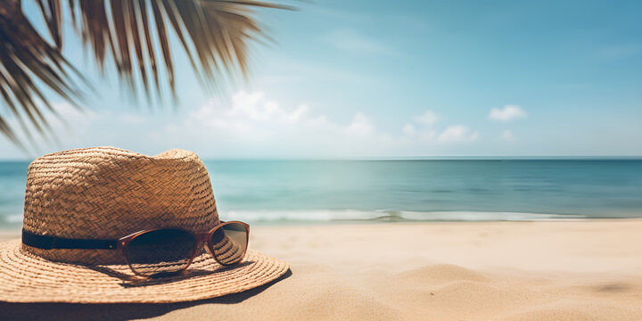 Sun Hat and Coconut Tree by the Sea