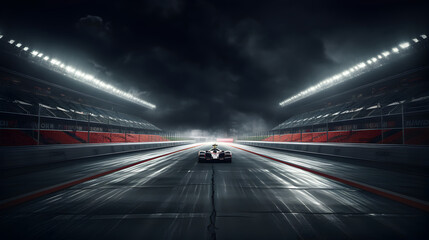 Formula one racing car on track at night in rain, with empty stadium seats