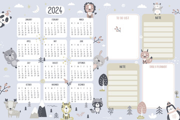 Calendar 2024, notes and to do list with cute doodle animals in scandinavian style. Calendar grid template, monday first. Various hand drawn wildlife and plants.