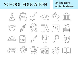 School education line icons collection. Clock, owl and globe. Back to School concept. Isolated vector illustration