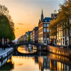 Fotobehang Brugge city canal at sunset