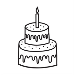 Birthday cake with candle doodle vector illustration isolated on white