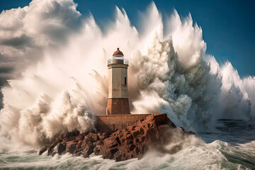 Fototapeta na wymiar Big storm wave with a lighthouse on the ocean. Generative AI
