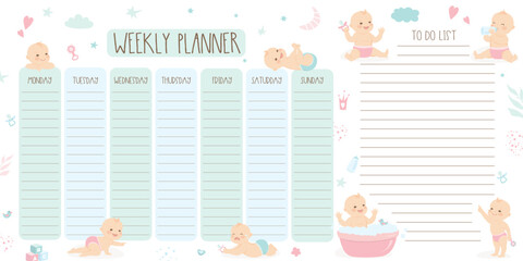 Weekly planner and to do list with cute infant baby boys and girls. Place for text, notes. Newborn children in various poses. Printable banner, poster. Shower or greeting card.