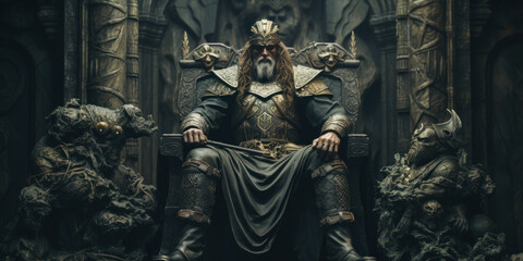 Obraz premium Old medieval king on the throne in ancient castle interior.