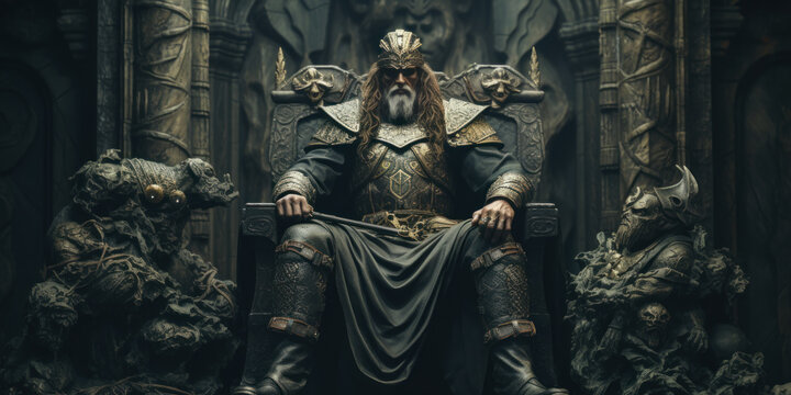 Old medieval king on the throne in ancient castle interior.