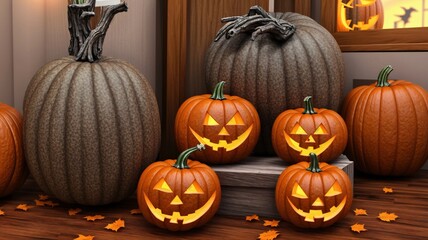 A Group Of Carved Pumpkins Sitting On Top Of A Wooden Floor