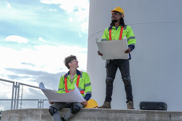 engineer worker builders looking drawing for construction. Concept people working on fieldwork of...