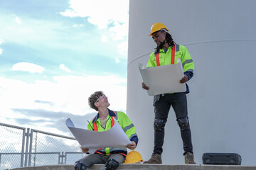 engineer worker builders looking drawing for construction. Concept people working on fieldwork of...