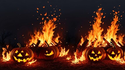 A Group Of Carved Pumpkins Sitting In Front Of A Fire