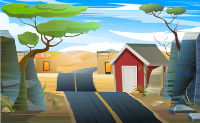 house is beautiful. Road through desert. Lonely village. Fun cartoon style. Vector