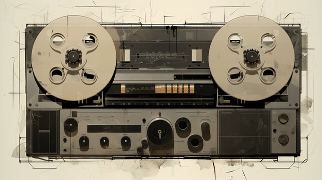 A vintage reel - to - reel tape recorder, interpreted in a brutalist art style, harsh lines, rough textures, monochromatic, strong, angular forms, a balance between the historical and the abstract
