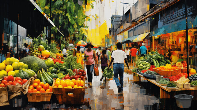 Abstract interpretation of farmer's market, collage style, mix of photo - realistic images of fresh produce and painted images of people and stalls, rich textures, bold colors