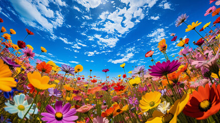 Blooming wildflower field, vibrant colors, abstract pointillism style, energetic dabs of color, wide angle perspective