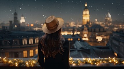 Fototapeta na wymiar An elegant rooftop scene, where the model, adorned in a festive Christmas hat, looks over a snow-covered cityscape
