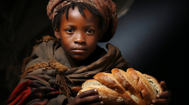 african child holds bread 