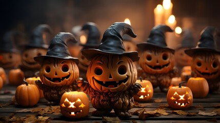 Halloween pumpkins with witch hats and candles on wooden table, closeup