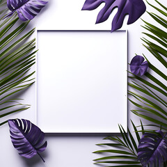 White Frame with white blank empty space for text pictures or images. Green and blue Leaves and flowers around it, 