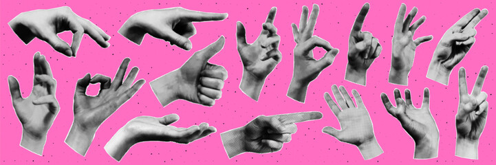 A big set of hands. Trendy halftone style for collages. Modern vector illustration.