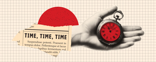 A hand holds an pocket clock. Trendy halftone collage. Concept of coming deadline and time management. Contemporary vector banner on vintage checkered background.