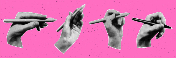 A set of hands that hold a pen. Trendy halftone style for collages. Modern vector illustration.