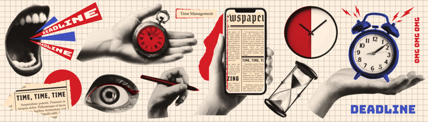 Vintage collage. Halftone hands, mouth, eyes, clock.  Concept of deadlines and time management. Retro newspaper. Modern vector illustration. - obrazy, fototapety, plakaty