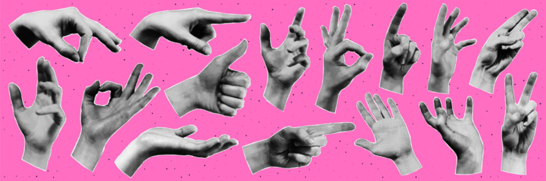 A big set of hands. Trendy halftone style for collages. Modern vector illustration.