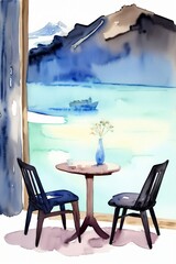 Fototapeta premium A Painting Of Two Chairs And A Table With A Vase Of Flowers On It