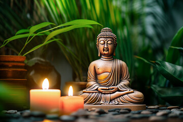 Defocused Buddha statue and candle on wood table with green leaf background. 
