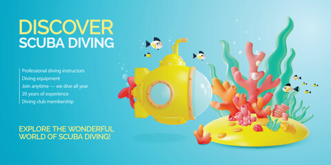 3d Discover Scuba Diving Placard Poster Banner Card Template Cartoon Style Underwater World Scene Landscape and Yellow Submarine with Periscope. Vector illustration